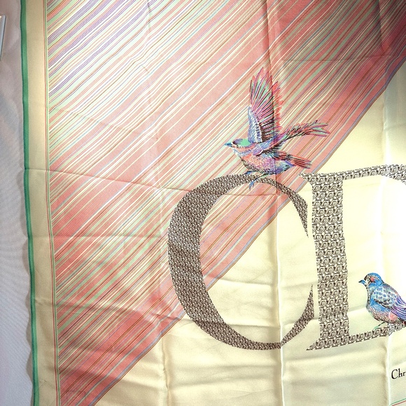 Vintage Christian Dior Silk Scarf Ivory Stripes and Birds Monogram - Picture 11 of 12